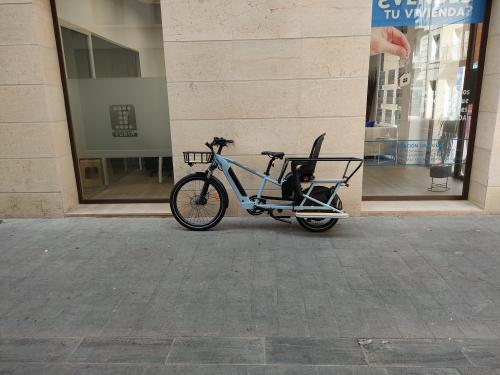 De foto`s van elektro tandem fiets / familie cargo e-bike